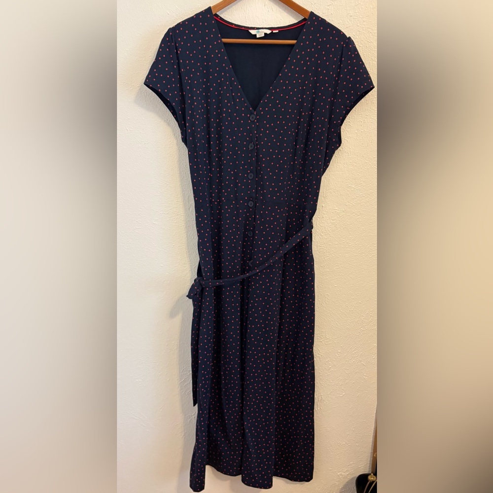 Boden Frances Jersey Blue Red Polka Dot Midi Dress, Size 14